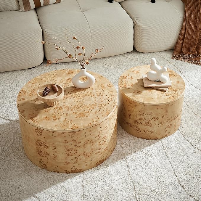 Nesting Coffee Table Set of 2 with Storage,Modern Round Burl Wood Veneer Circle Accent Side Tables for Living Room,Small Space,Bedroom,Balcony,Office,Brown(27.56"+19.69")