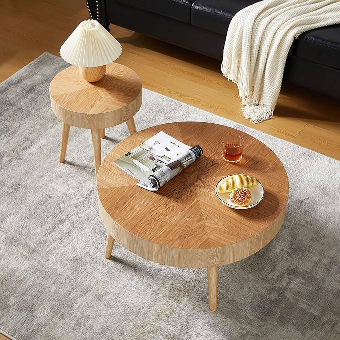 Farmhouse Round Coffee Table Set of 2, Rustic Sofa Side End Tables w/Wood Finish, Nesting End Table Set for Living Room, Bedroom (Natural)
