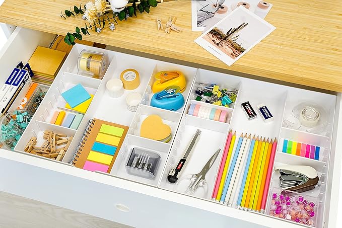 CAXXA 3 Slot Drawer Organizer with 4 Adjustable Dividers - Junk Drawer Storage for Makeup & Vanity, Office Desk Supplies and Accessories (WHITE, 1 PACK)-NeatNest