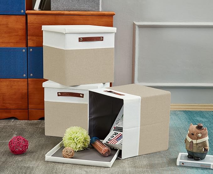 DECOMOMO Storage Basket with Lid, Storage Cubes with Handles, Fabric Box with Lid (Beige and White, 11” / 3 Pack)-NeatNest