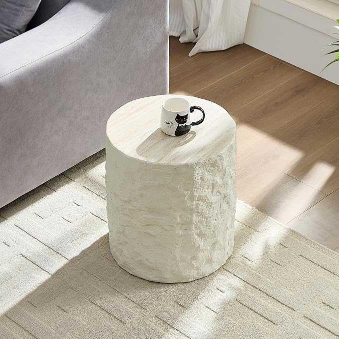 kevinplus Round Side Table End Table for Living Room, Modern Contemporary Faux Stone Style Fiberglass Material, No Assembly (Beige, ø15.7'' x 17.7'')