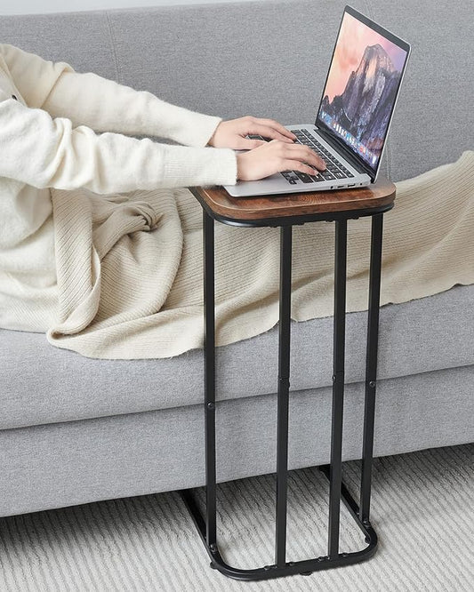 C Shaped End Table, 27 Inches High Small Side Table for Sofa and Bed, Couch Table That Slides Under, Tall Tv Tray Table for Living Room, Bedroom, Metal Frame, Rustic Brown & Black-NeatNest