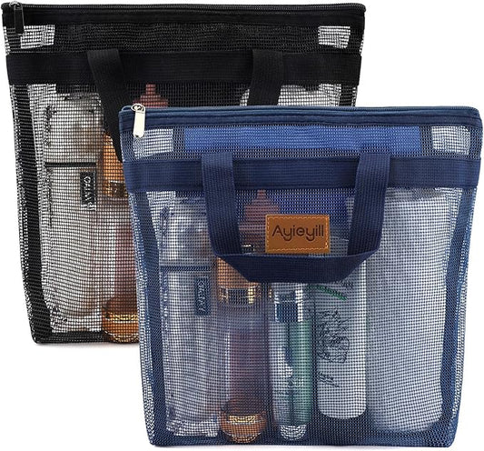 Ayieyill Shower Caddy Portable, Mesh Shower Caddy Tote Bag Quick Dry Hanging Toiletry and Bath Organizer for College Dorm, Gym, Beach, Travel or Camping with Zipper (Black+Navy Blue)-NeatNest