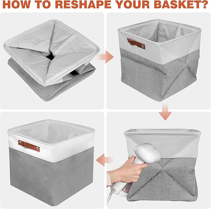 11in Open Fabric Storage Basket with Leather Handles for Organizing, Collapsible Linen Closet Bins for Shelves, Closets, Laundry, Decorative Basket for Gifts. (White＆Gray, 2PCS/11x11in)-NeatNest