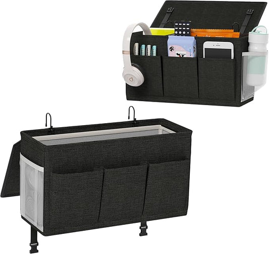 Dual-purpose Bedside Caddy Bedside Organizer, Bed Caddy with 6 Pockets, Versatile Bedside Storage Solution Magazine Remotes holder, ideal for Home, Dorm, Hospital, Crib Bed (Black 2 pcs)-NeatNest