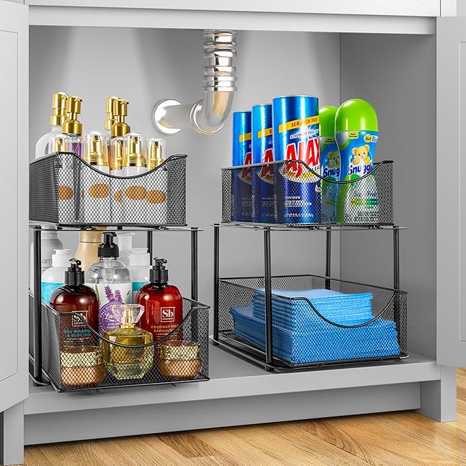 Sorbus 2 Sets of 2 Tier Metal Under Sink Organizer for Bathroom, Kitchen, Strong Steel Mesh Sliding Drawers for Under Sink, Under Cabinet, Closet, Kitchen, Pantry, Bathroom Organizers and Storage-NeatNest