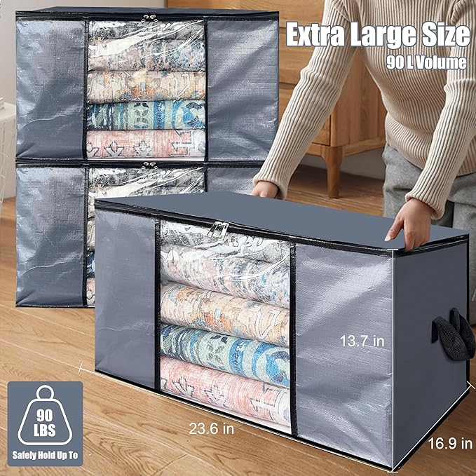 Cosy Family 12 Pack 90L Heavy Duty Extra Large Moving Bags with Reinforced Handle - Strong Handles & Zippers, Storage Totes For Space Saving, Fold Flat, Alternative to Moving Box, Grey-NeatNest
