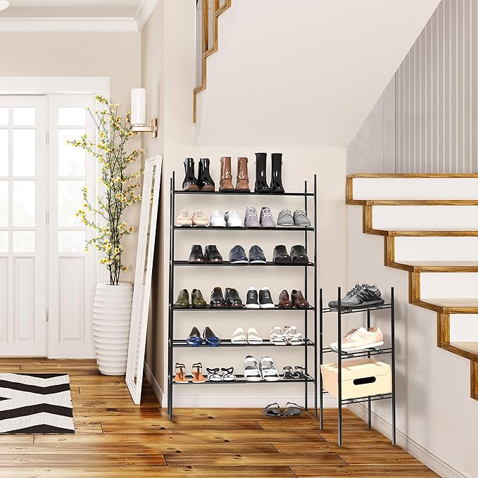 Simple Houseware 3-Tier Expandable and Stackable Shoe Racks with Shelves for 12 Pairs of Shoes, Black-NeatNest