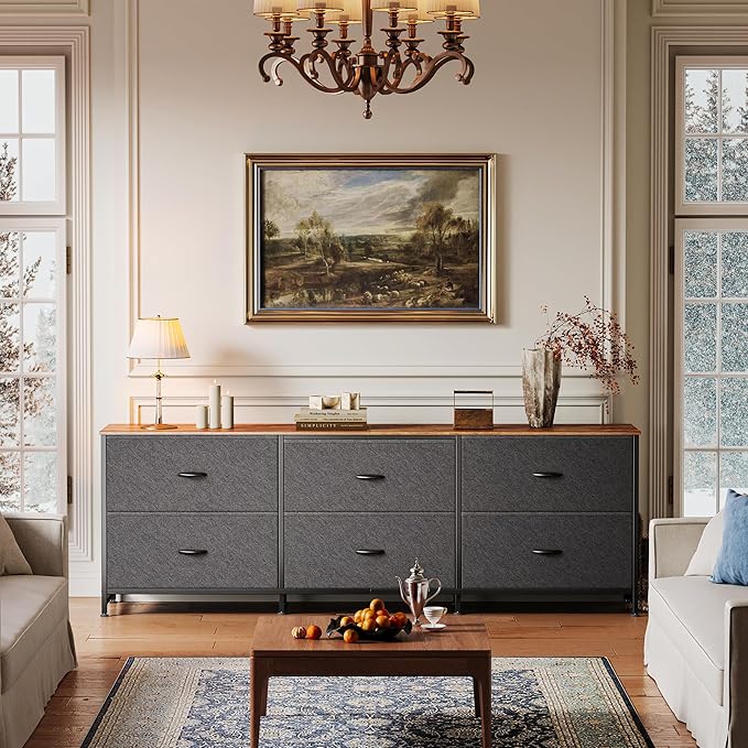Huuger 63 Inch Long Dresser for Bedroom, Wide TV Stand for 55, 65, 70 Inch TV, 6 Drawer Dresser for Closet with Fabric Drawers, Storage Organizer for Bedroom, Entryway, Rustic Brown and Black-NeatNest
