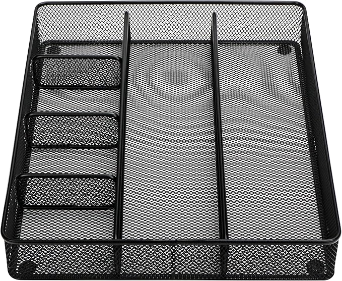 Annova Desk Top Organizer Tray for Office Organization - Metal Mesh - Storage Tray with Dividers for Pens, Desktop Accessories, Bathroom, Kitchen, Makeup and Office Supplies (Large, Black)-NeatNest