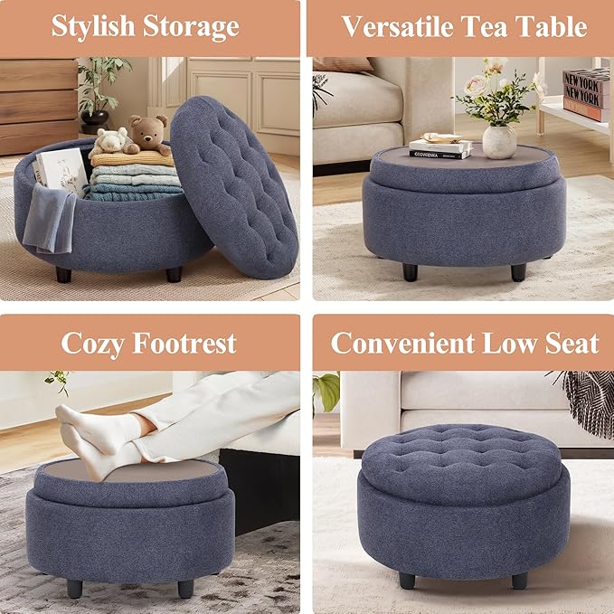 COLAMY Fabric Round Storage Ottoman with Reversible Tray Lid – Multi-Functional Footrest, Hidden Storage, Sturdy & Stylish Small Coffee Table for Living Room, Bedroom, or Entryway(Blue)-NeatNest