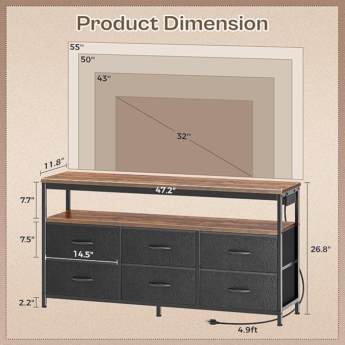 Huuger LED TV Stand for Bedroom, 47 Inch Dresser TV Stand for 43, 50, 55 Inch TV, Rustic Black TV Stand with Storage, Entertainment Center with Power Outlets, 6 Drawer Fabric Dresser for Living Room-NeatNest