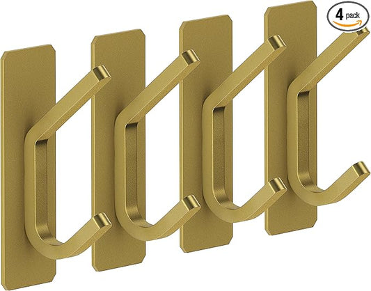 Brushed Gold Self Adhesive Towel Hooks for Bathroom Wall Door Mounted - SUS304 Stainless Steel Strong Strips Stick on 3M Wall Hooks for Hanging Coat, Hat, Bag, Key, Jacket – 4 Pack-NeatNest