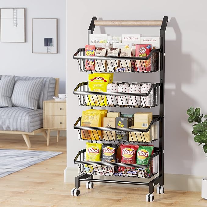 COVAODQ Snack Cart with Wheels 4-Tier Adjustable Fruit Rack Fruit Vegetable Basket Cart Metal Wire Storage Cart Rolling Pantry Utility Kitchen Cart