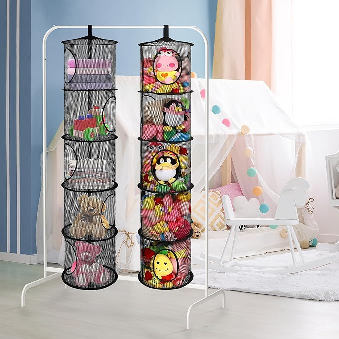 2Pcs Stuffed Animal Storage Foldable Stuffed Animal Net or Hammock Organizer, 5 Compartments Hanging Mesh Toy Storage Hammock for Kid Room Toys, Gloves, Hats, Socks, Black-NeatNest
