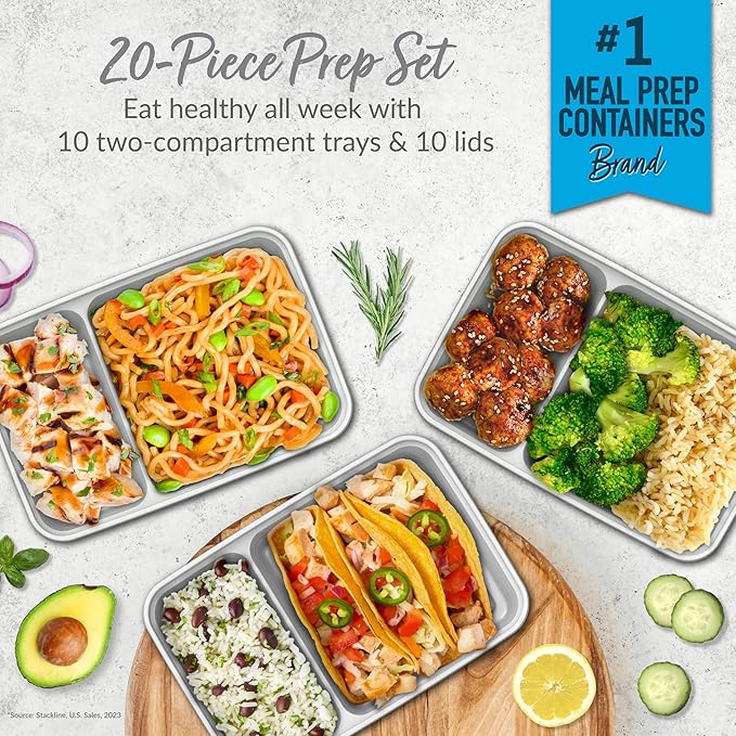 Bentgo 20-Piece Lightweight, Durable, Reusable BPA-Free 2-Compartment Containers - Microwave, Freezer, Dishwasher Safe - Silver-NeatNest
