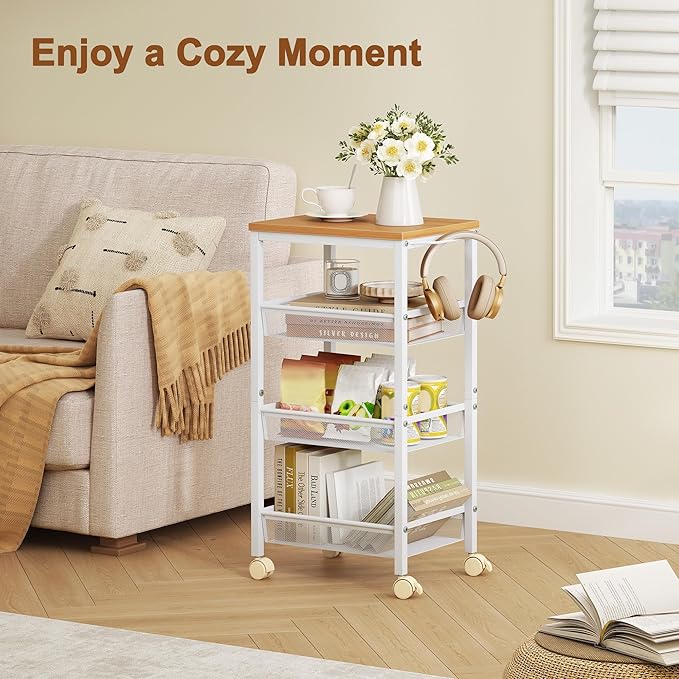 Hoctieon Rolling Storage Cart, 4-Tier Wide Panel Rolling Kitchen Storage Cart, Utility Cart with Handle & Wheels, Mobile Shelving Unit, Metal Frame Narrow Cart for Home Kitchen, Laundry, Oak Beige