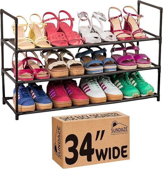 Sundaze Shoe Rack - 3 Tier Shoe Rack for Front Door Entrance, Sturdy Long Shoe Organizer for Closet, Bedroom, Entryway, Garage, Non Woven Fabric Shelf, Black, Holds Up to 15 Pairs-NeatNest