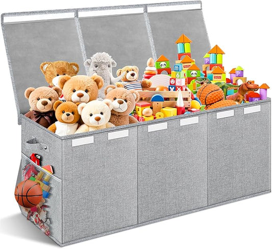 Extra Large Toy Box with Lids - Sturdy Collapsible Kids Storage Organizer Big Bin Chest Basket with Dividers for Boys Girls, Bedroom, Nursery, Living Room, Playroom Organization, 38"x16"x14", Gray