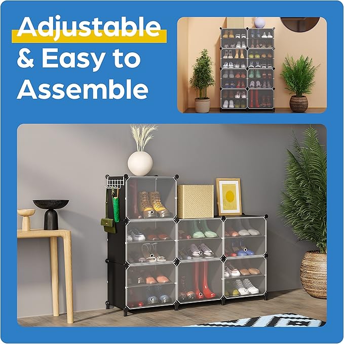 Shoe Organizer Cabinet Up to 32 Pairs, Shoe Closet-Covered Shoe Rack with See-Through Door (Clear, Plastic, Stackable) Cubby Portable Shoe Organizer with Covers, Hooks & Pockets, Black-NeatNest