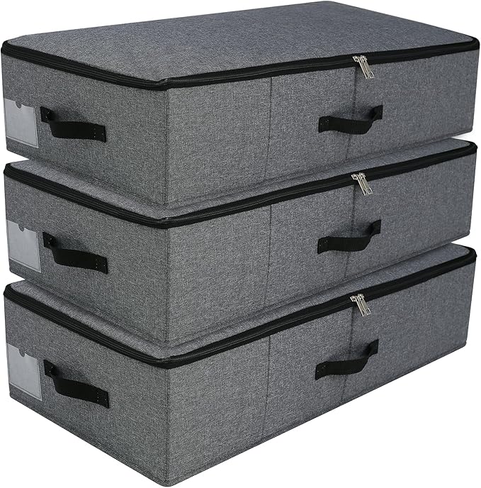 AMJ Large Under Bed Storage Containers, 3 Pack Closet Organizers Bins, Foldable Closet Organizers Storage for Blankets, Towels, Comforter, Sweaters, Linen Sheets, Wrapping Paper (Black Grey)-NeatNest