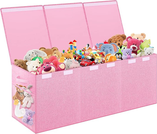 Extra Large Toy Box, Toybox for Kids Boys Girls, Collapsible Sturdy Toy Storage Organizer with Mesh Pockets, 40"x14"x16" Kids Storage Boxes Bins Baskets for Nursery, Playroom, Pink