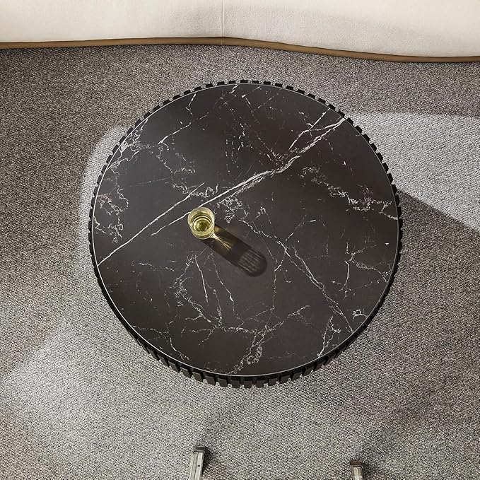 Coffee Table Stone Round 35.43'' for Living Room Modern Coffee Tables Wood Circle Drum Tea Fluted Solid Wooden Veneer Sintered Tabletop Handcraft Home Furniture for Apartment Easy Assembly Black-NeatNest