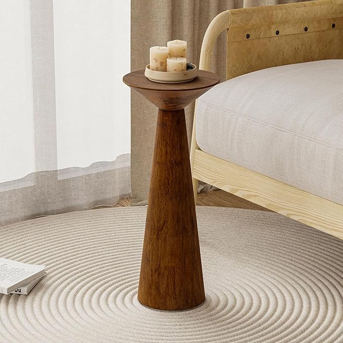 Farmhouse Tall Pedestal End Table Small Solid Wood Martini Table Plant Stand Modern Round Drink Table for Small Space Living Room, Walnut