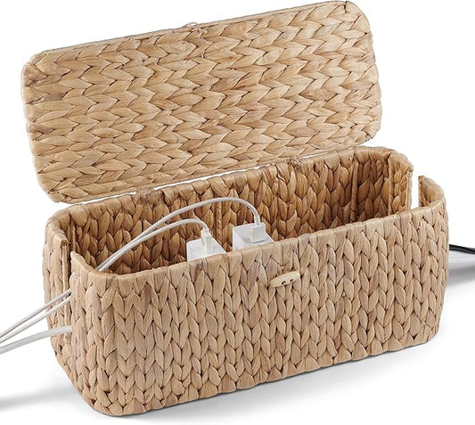 BLUEWEST Cable Management Box, Water Hyacinth Organizer Box, Durable Rattan Cable Organizer with Dual Open Slots for Desk, TV, or Office Cords, Stores Power Strips, USB Hubs, and Wires