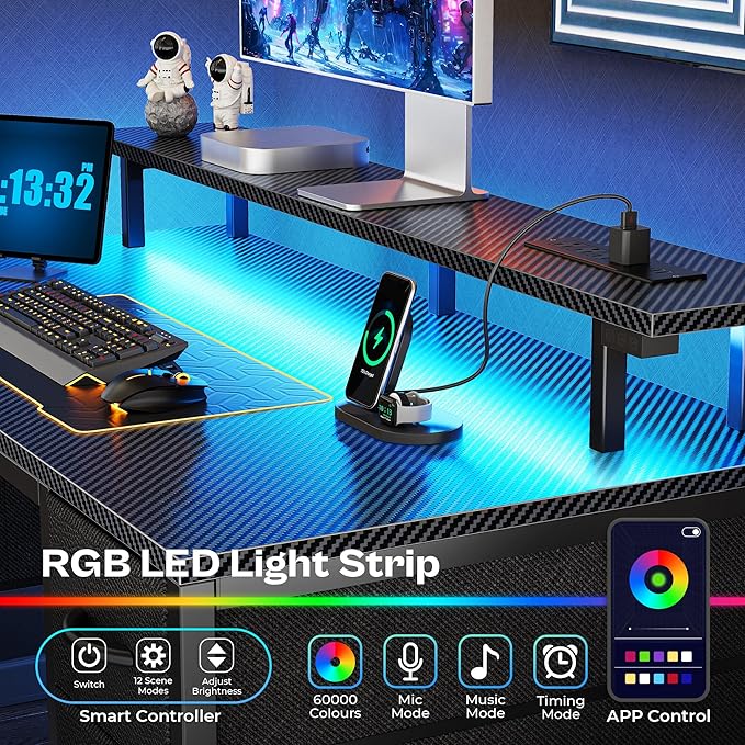 Huuger 47 inch Computer Desk with 4 Drawers, Gaming Desk with LED Lights & Power Outlets, Home Office Desk with Large Storage Space for Bedroom, Work from Home, Carbon Fibre Black-NeatNest
