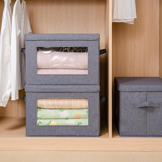 Citylife 3-Pack Collapsible Storage Bins with Lids, Linen Fabric Foldable Storage Boxes, Cube Closet Organization for Clothes, Blankets and Books, Gray-NeatNest