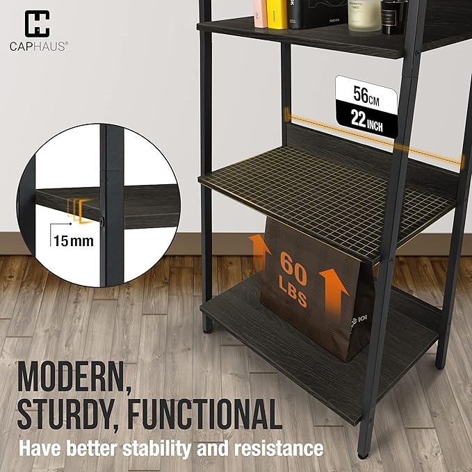 CAPHAUS 5 Tier Ladder Bookshelf, 24 Inch Width Free Standing Shelf, Bookcase Shelf Storage Rack Organizer, Industrial Book Shelves for Home Office, Living Room, Kitchen, Black Wooden Shelves-NeatNest