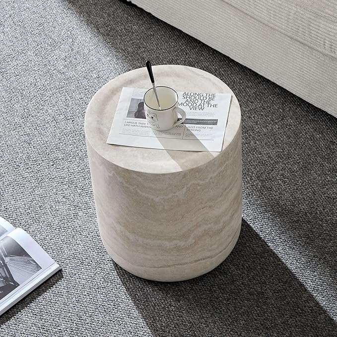 kevinplus Round Side Table Faux Stone End Table for Living Room, Modern Contemporary Style, Fiberglass Material, No Assembly (Mars Texture, ø15.74'' x 17.7'')