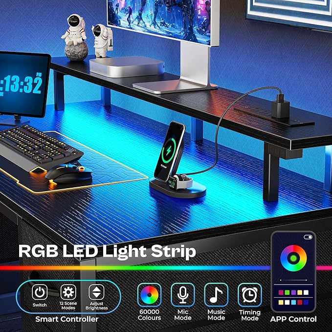 Huuger 55 inch Computer Desk with 4 Drawers, Gaming Desk with LED Lights & Power Outlets, Home Office Desk with Large Storage Space for Bedroom, Work from Home, Black-NeatNest