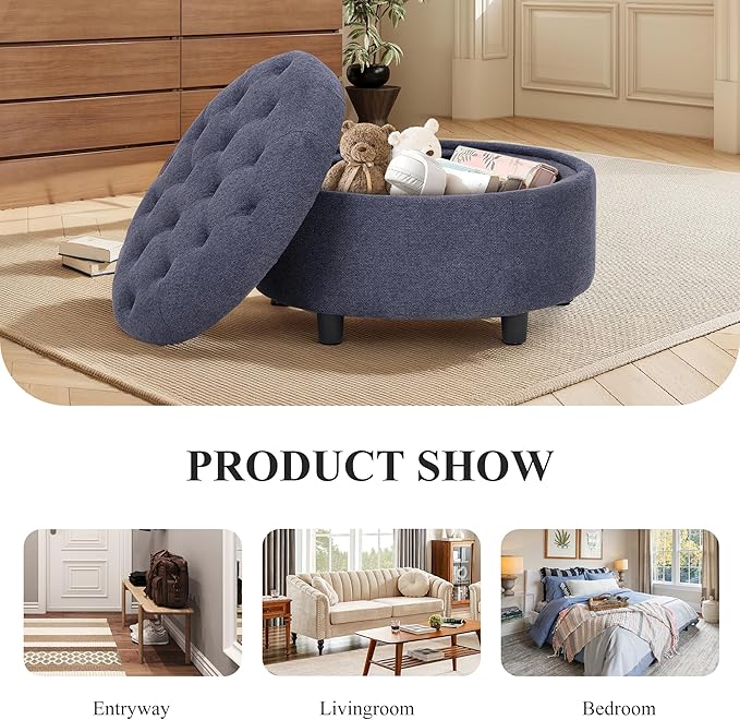 COLAMY Fabric Round Storage Ottoman with Reversible Tray Lid – Multi-Functional Footrest, Hidden Storage, Sturdy & Stylish Small Coffee Table for Living Room, Bedroom, or Entryway(Blue)-NeatNest