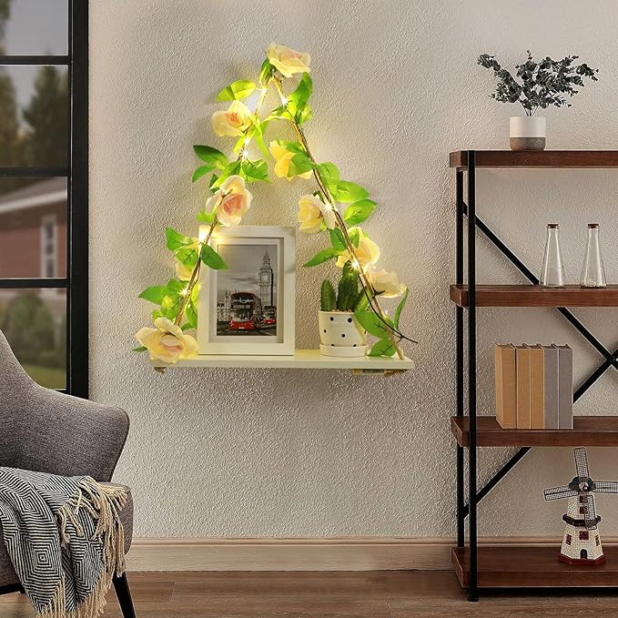 Floating Shelves for Wall,Plant Wall Decor,Hanging Shelf,Cottage Core Decor,Room Decor Aesthetic,Boho Room,Adhesive Shelves,Floating Shelves for No Drilling,Two-Piece Set(Champagne Flower)-NeatNest