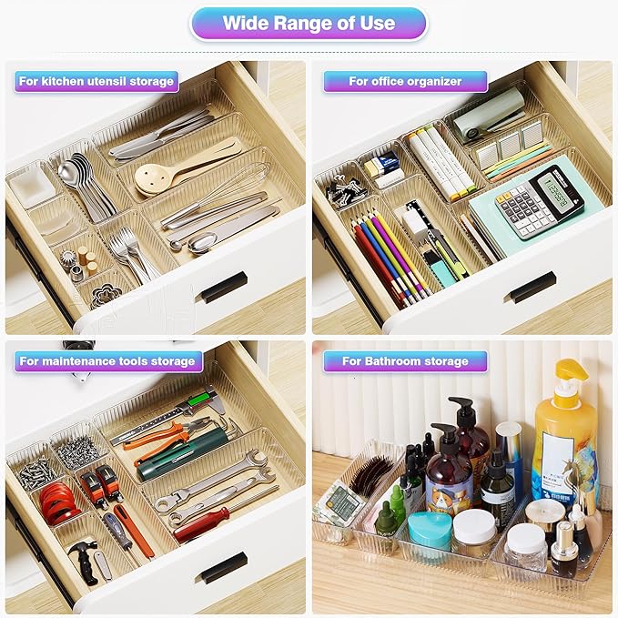 25 PCS Clear Plastic Drawer Organizer Set - 4 Sizes Makeup Organizer Desk Drawer Divider Bathroom Organizers and Storage Bins for Makeup, Jewelry, Gadgets, Office, Kitchen, Bedroom, Bathroom-NeatNest