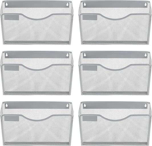 EasyPAG 6 Pack Wall File Holder with Label Panel, Single Mesh Hanging File Organizer for A4 Letter Size Paper, Wall Mount Paperwork Basket for Office, Home, School, Silver