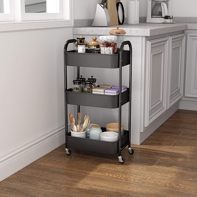 3-Tier Rolling Utility Cart with Caster Wheels,Easy Assembly, for Kitchen, Bathroom (Black)-NeatNest