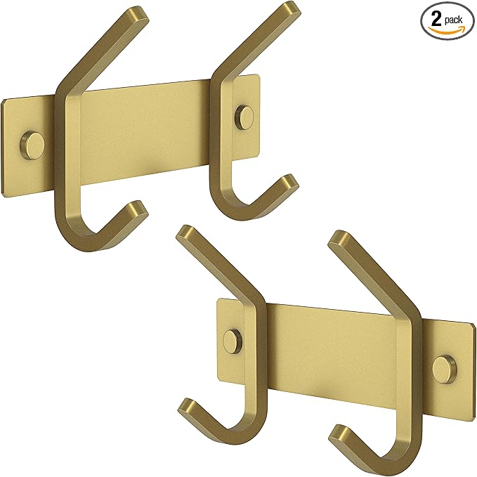 Brushed Gold Small Coat Rack Wall Mount – 6 Inch Stainless Steel Rail with 2 Double Coat Hooks for Entryway, Bathroom, Bedroom, Kitchen – Modern Gold Hook Rack for Coats, Hats, Towels - 2 Pack-NeatNest