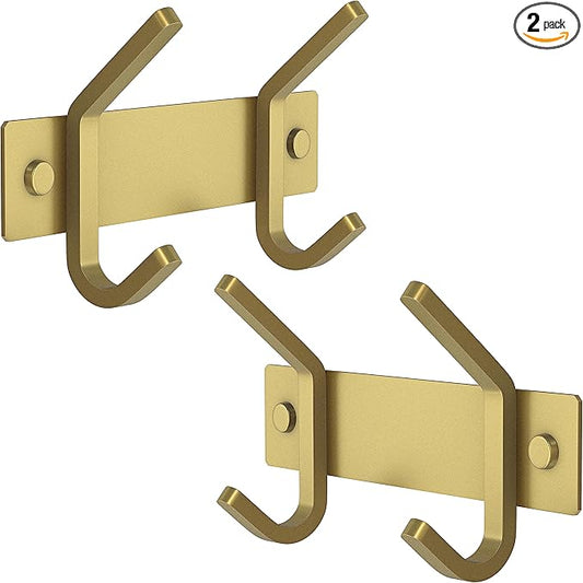 Brushed Gold Small Coat Rack Wall Mount – 6 Inch Stainless Steel Rail with 2 Double Coat Hooks for Entryway, Bathroom, Bedroom, Kitchen – Modern Gold Hook Rack for Coats, Hats, Towels - 2 Pack-NeatNest