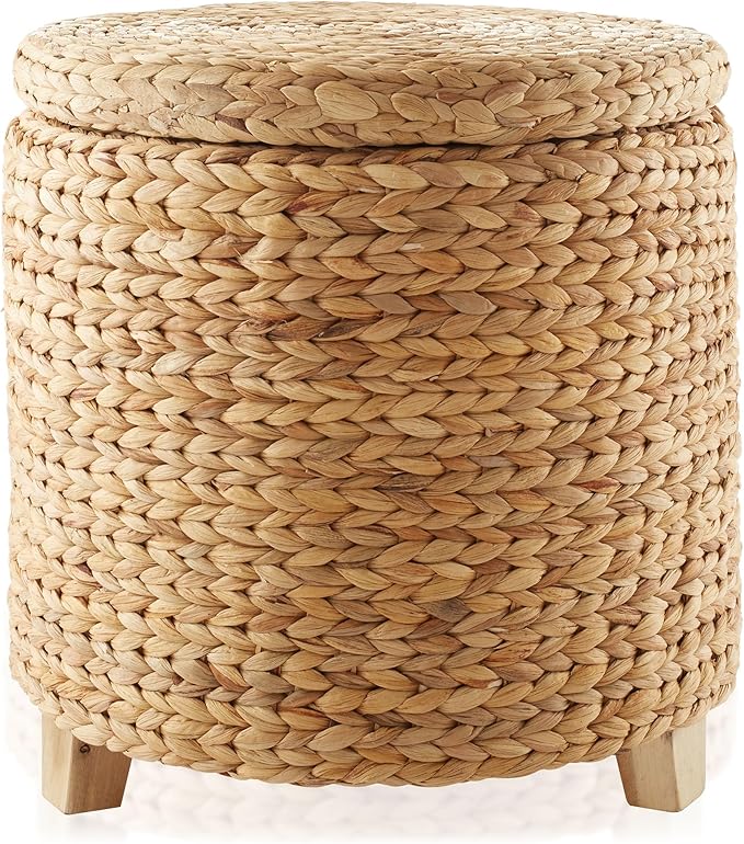 Casafield 17" Round Storage Ottoman with Lid - Natural, Handwoven Water Hyacinth Footstool for Living Room, Bedroom, Bathroom, Home Office-NeatNest