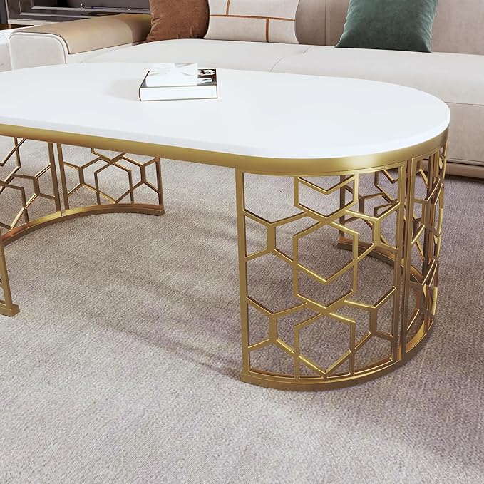 47.2" Modern Oval Coffee Table with Cut-Out Pattern Metal Stainless Steel Frame Multiple End Tables Sofa Table Utility Table for Living Room Office Bedroom Balcony, White & Gold