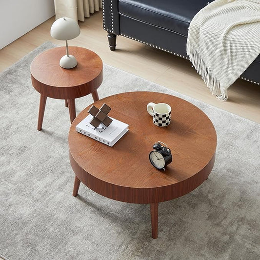Farmhouse Round Coffee Table Set of 2, Rustic Sofa Side End Tables w/Wood Finish, Nesting End Table Set for Living Room, Bedroom (Walnut)
