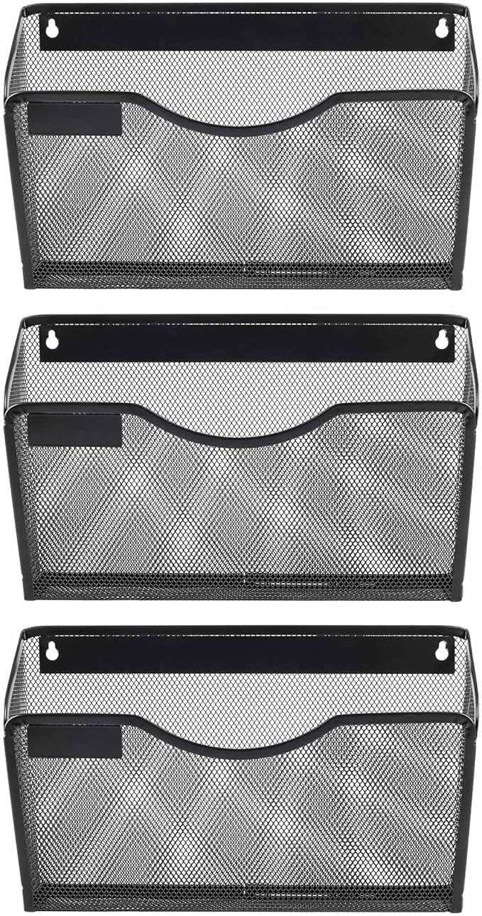 EasyPAG 3 Pack Wall File Holder with Label Panel, Single Mesh Hanging File Organizer for A4 Letter Size Paper, Wall Mount Paperwork Basket for Office, Home, School, Black