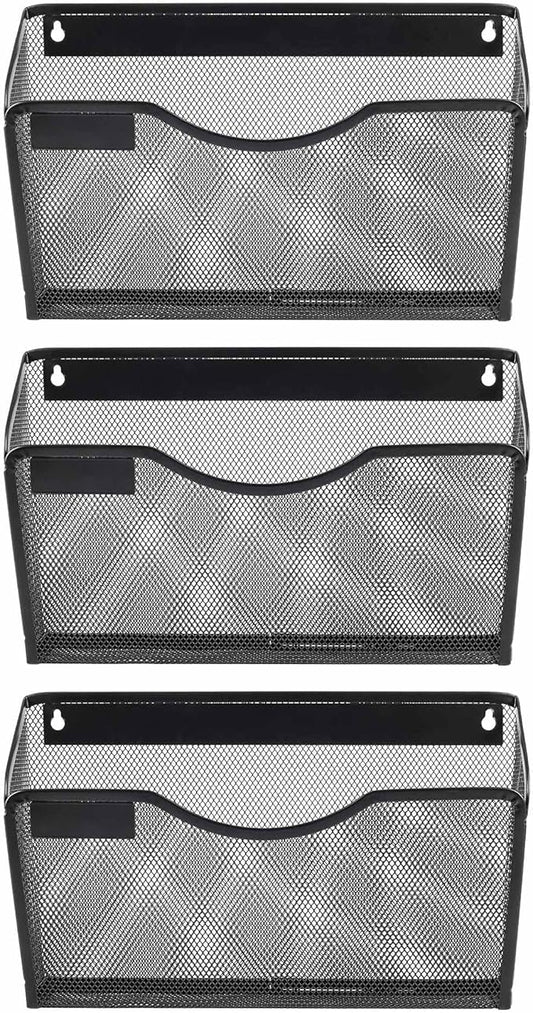 EasyPAG 3 Pack Wall File Holder with Label Panel, Single Mesh Hanging File Organizer for A4 Letter Size Paper, Wall Mount Paperwork Basket for Office, Home, School, Black