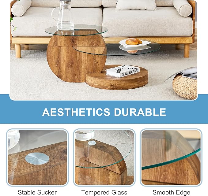 Glass Coffee Tables for Living Room Round Coffee Tables Modern Double Layer Round Table Circle Coffee Table for Small Space Home Office (35.4 Inch Dark Wood)