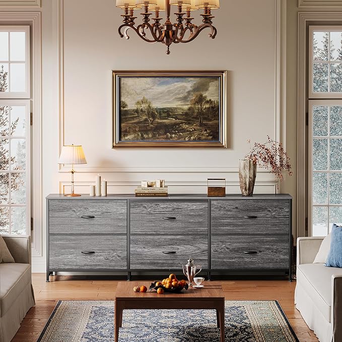 Huuger 63 Inch Long Dresser for Bedroom, Wide TV Stand for 55, 65, 70 Inch TV, 6 Drawer Dresser for Closet with Fabric Drawers, Storage Organizer for Bedroom, Entryway, Grey-NeatNest