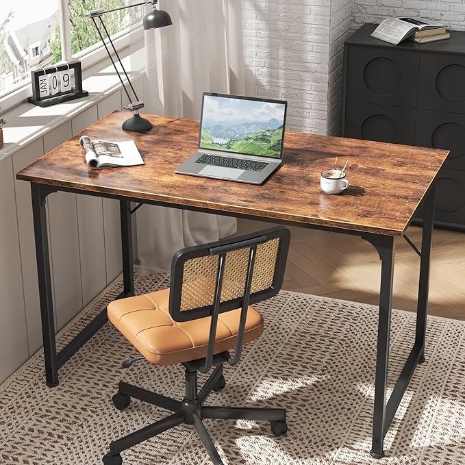 Huuger Computer Desk, 40 Inch Office Desk, Gaming Desk with Storage, Writing Desk Work Desk for Home Office, Study, Modern Simple Desk, Large Legroom, Metal Frame, Rustic Brown-NeatNest