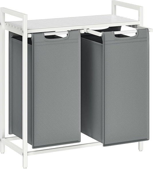 VASAGLE Laundry Hamper, Laundry Basket, Laundry Sorter with 2 Pull-Out and Removable Bags, Shelf, Metal Frame, 2 x 12.1 Gallons (46 L), 28.8 x 13 x 28.4 Inches, Slate Gray and Cloud White UBLH201W11-NeatNest